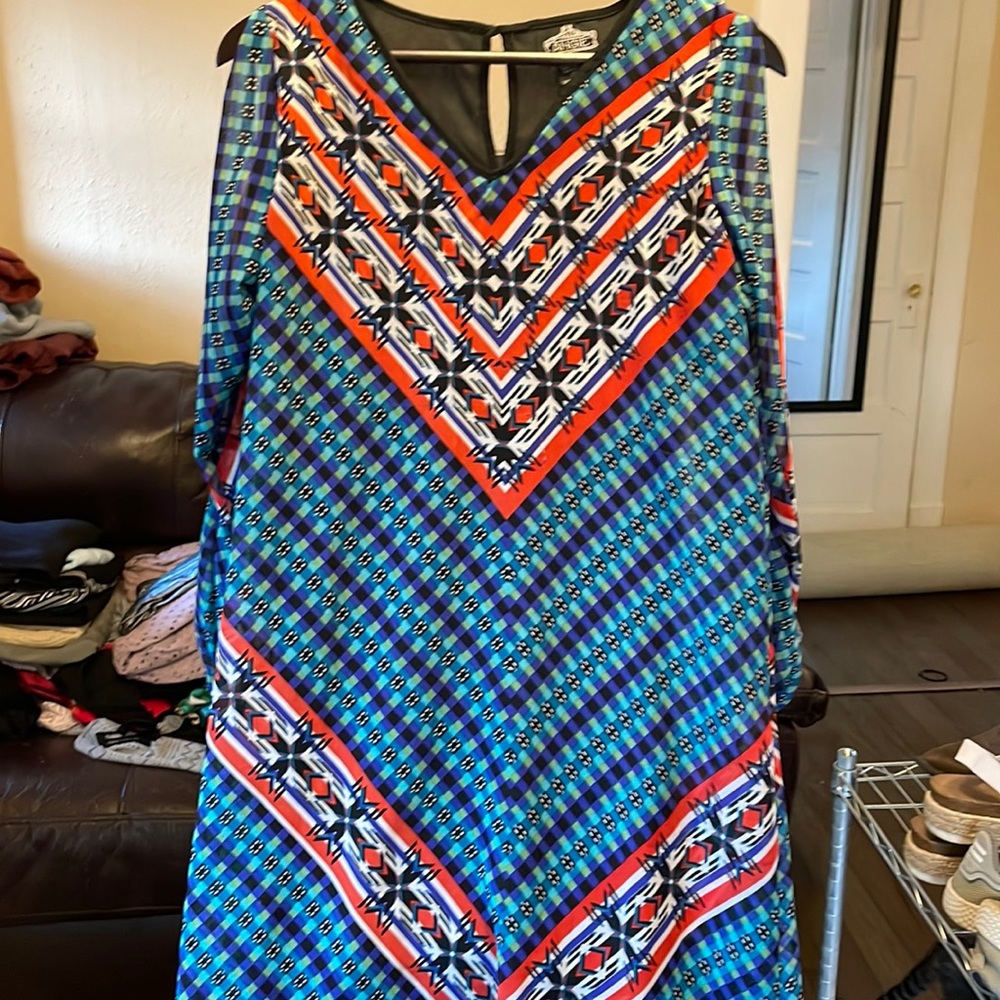 Patterned Long Sleeve Shoulderless Chiffon Dress